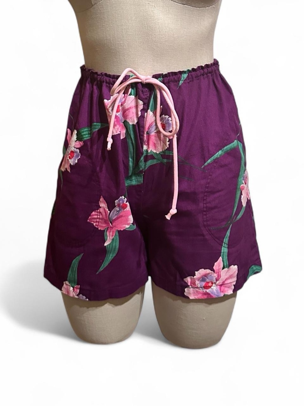 Vintage Purple Floral High Waist Shorts with Pink Drawstring